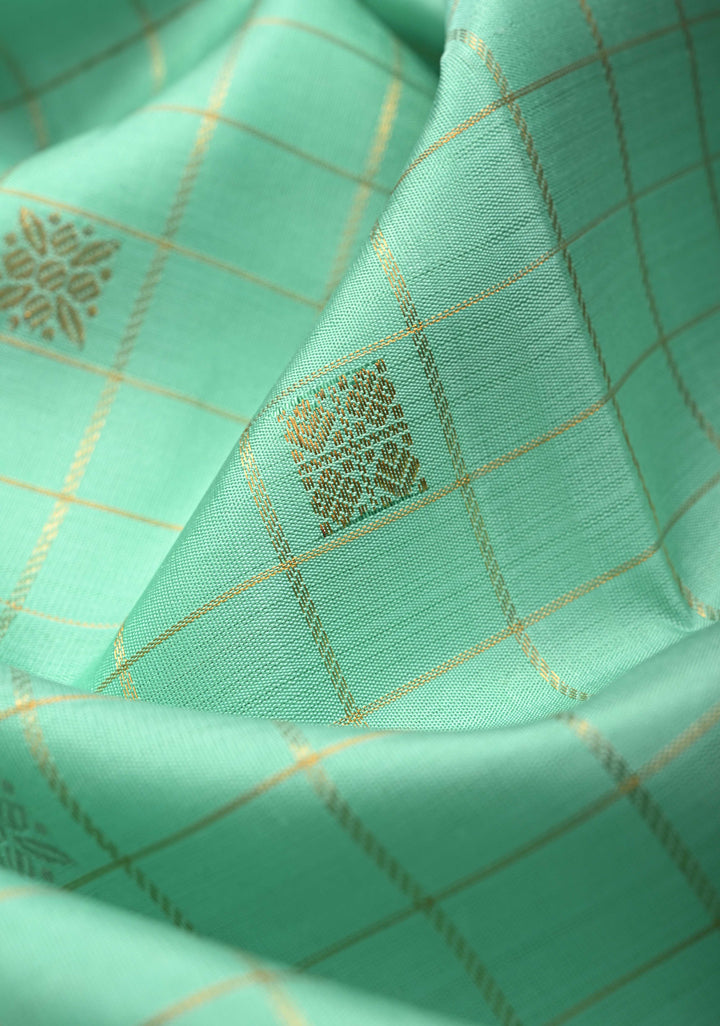 SeaFoam Green Checks Kanjivaram Pure Silk Saree with Gold and Silver Buttas and contrast zari Border | SILK MARK CERTIFIED