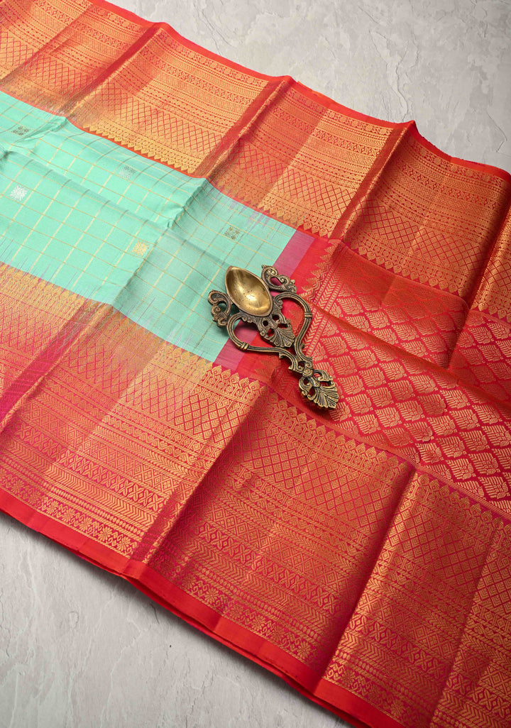 SeaFoam Green Checks Kanjivaram Pure Silk Saree with Gold and Silver Buttas and contrast zari Border | SILK MARK CERTIFIED