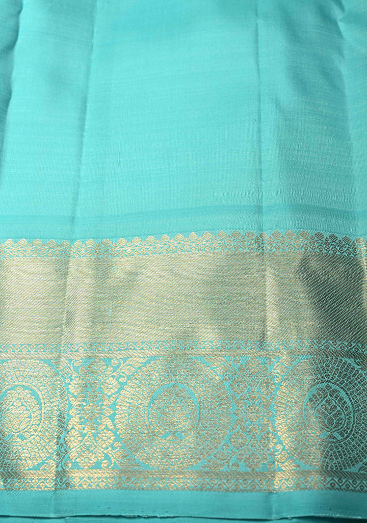 Turquoise Green Kanjivaram Pure Silk Saree with zari Buttas and Contrast Jari Border | SILK MARK CERTIFIED