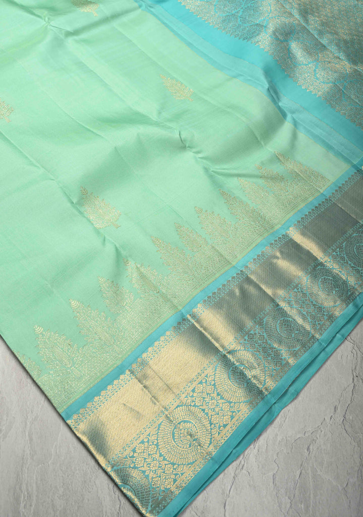 Turquoise Green Kanjivaram Pure Silk Saree with zari Buttas and Contrast Jari Border | SILK MARK CERTIFIED