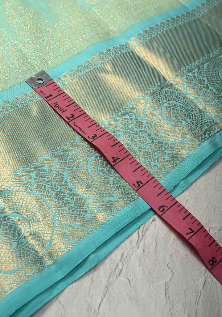 Turquoise Green Kanjivaram Pure Silk Saree with zari Buttas and Contrast Jari Border | SILK MARK CERTIFIED