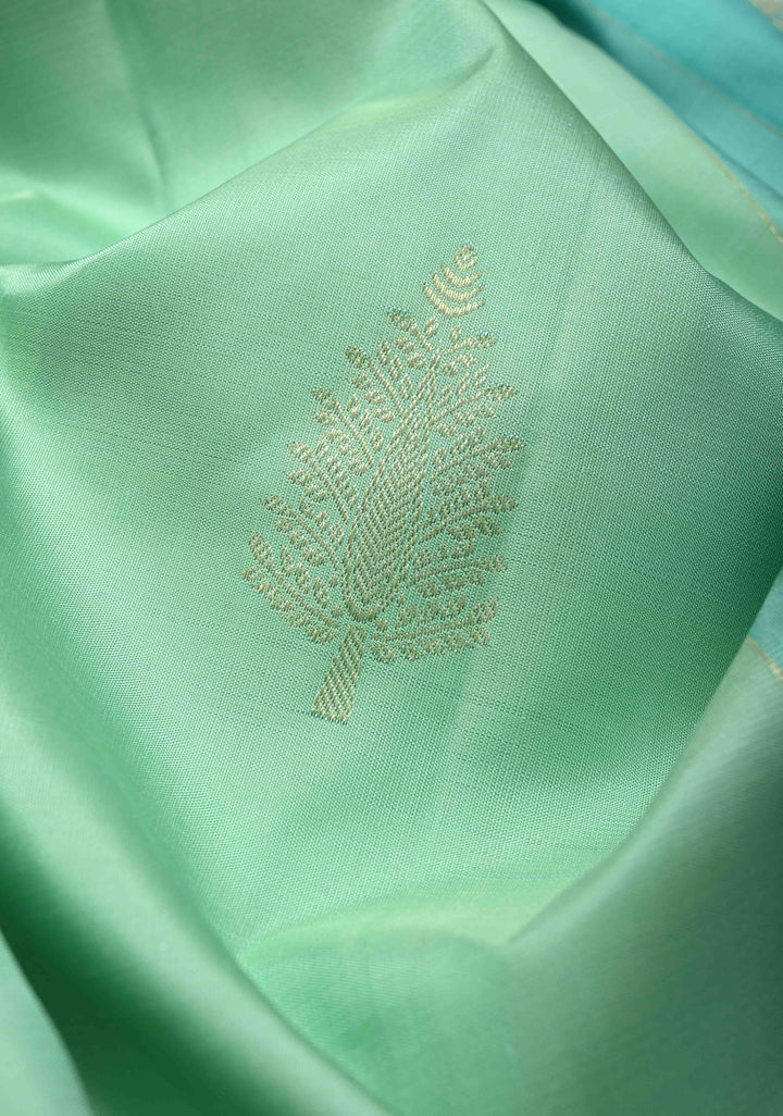 Turquoise Green Kanjivaram Pure Silk Saree with zari Buttas and Contrast Jari Border | SILK MARK CERTIFIED