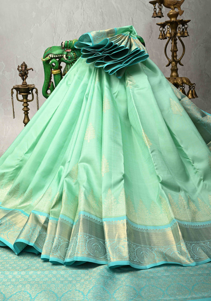 Turquoise Green Kanjivaram Pure Silk Saree with zari Buttas and Contrast Jari Border | SILK MARK CERTIFIED
