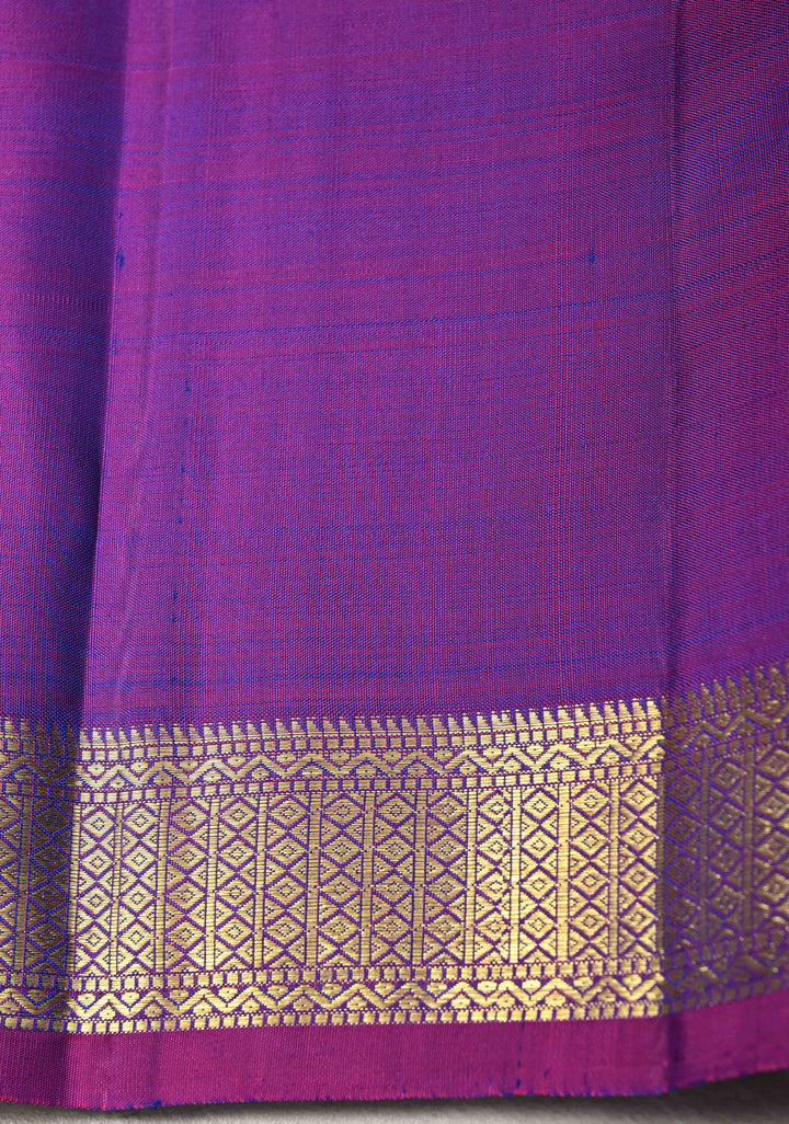 Blue and Green Dual tone Kanjivaram Pure Silk Saree with Zari butta and Peacock Floral Motif above Minimal zari Border  | SILK MARK CERTIFIED