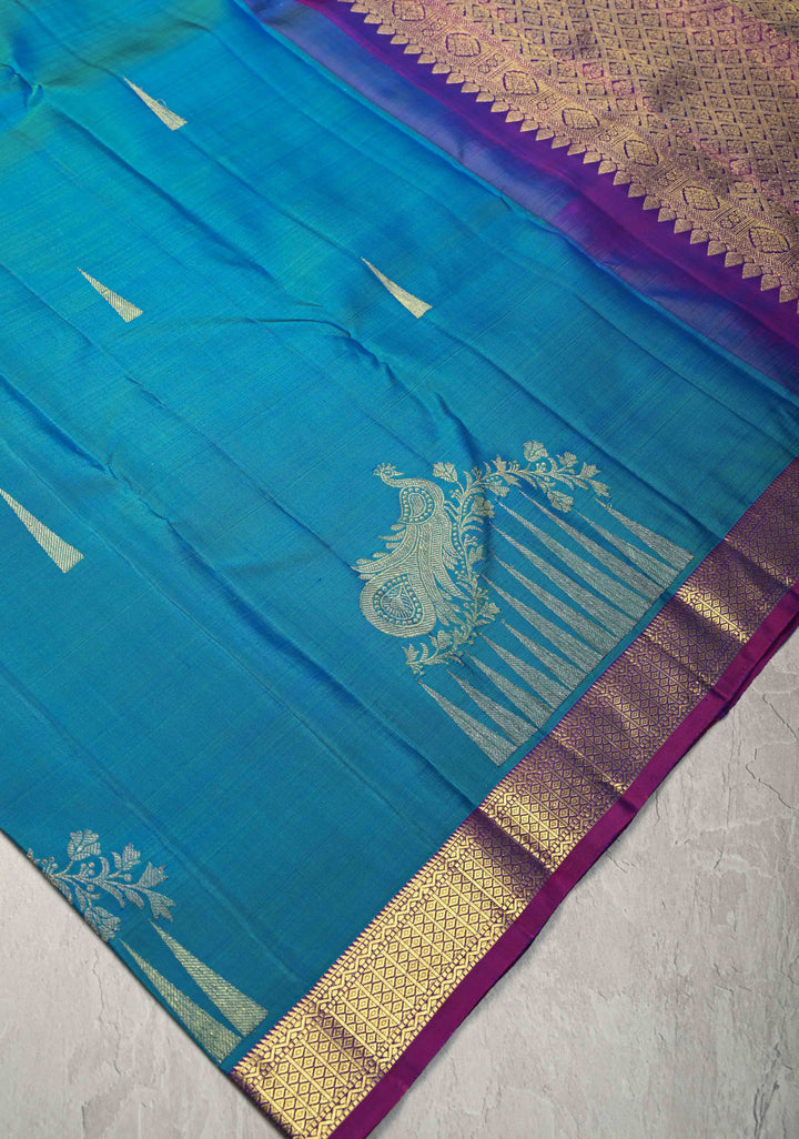 Blue and Green Dual tone Kanjivaram Pure Silk Saree with Zari butta and Peacock Floral Motif above Minimal zari Border  | SILK MARK CERTIFIED