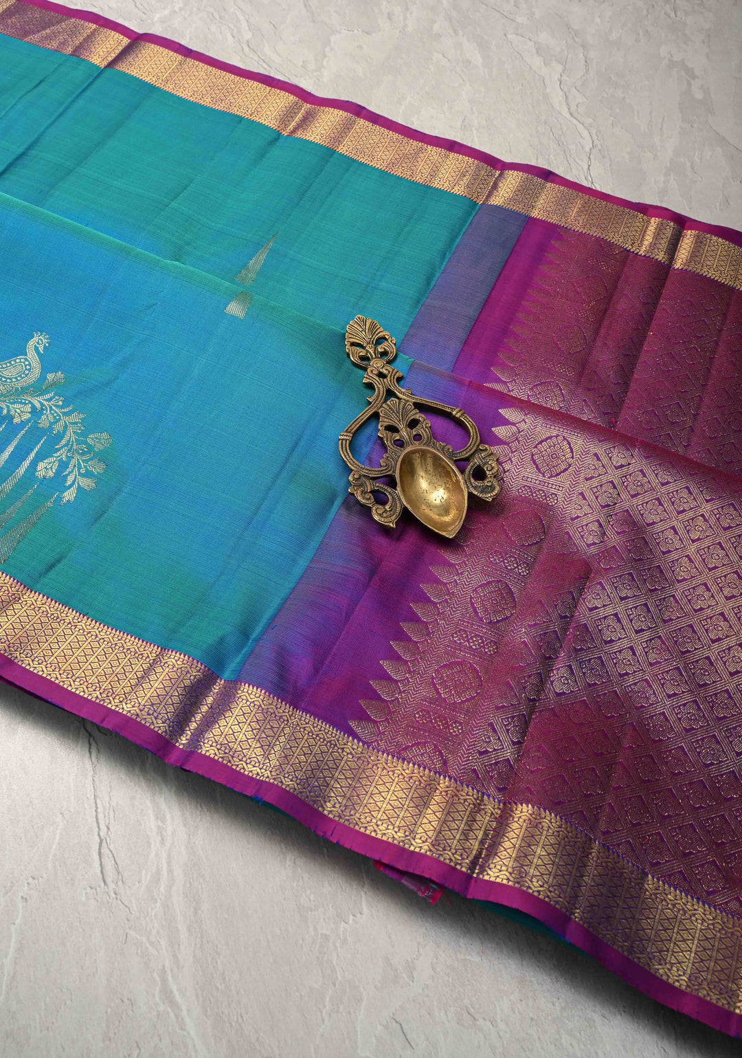 Blue and Green Dual tone Kanjivaram Pure Silk Saree with Zari butta and Peacock Floral Motif above Minimal zari Border  | SILK MARK CERTIFIED