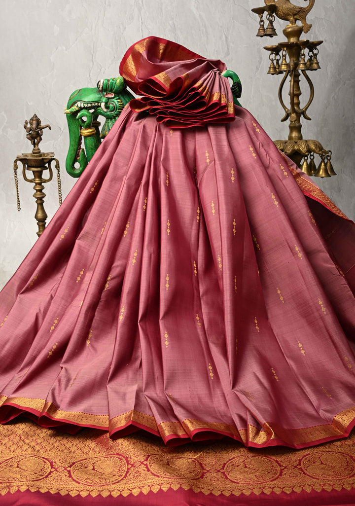 Onion Pink Pure Kanjivaram Silk Saree with Zari Buttas and Minimal Zari Border | SILK MARK CERTIFIED