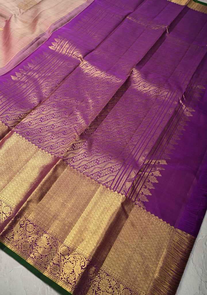 Dusty Mauve Kanjivaram Pure Silk Saree with zari Buttas and Wide Contrast Jari Border | SILK MARK CERTIFIED