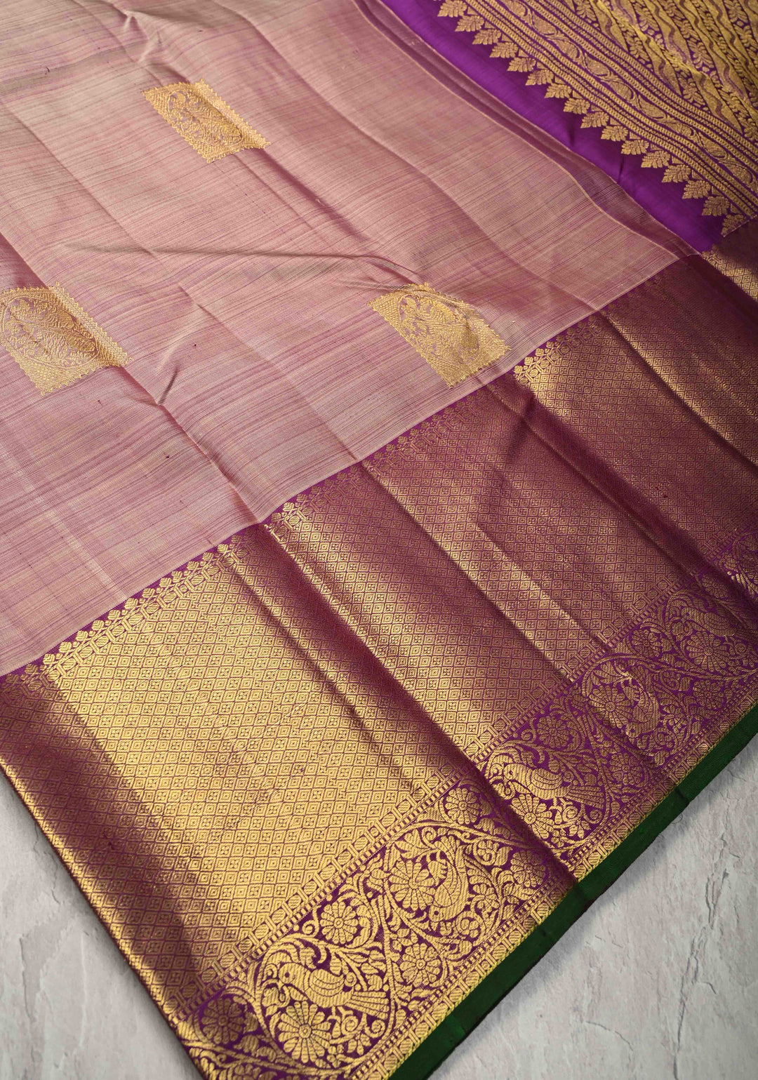 Dusty Mauve Kanjivaram Pure Silk Saree with zari Buttas and Wide Contrast Jari Border | SILK MARK CERTIFIED