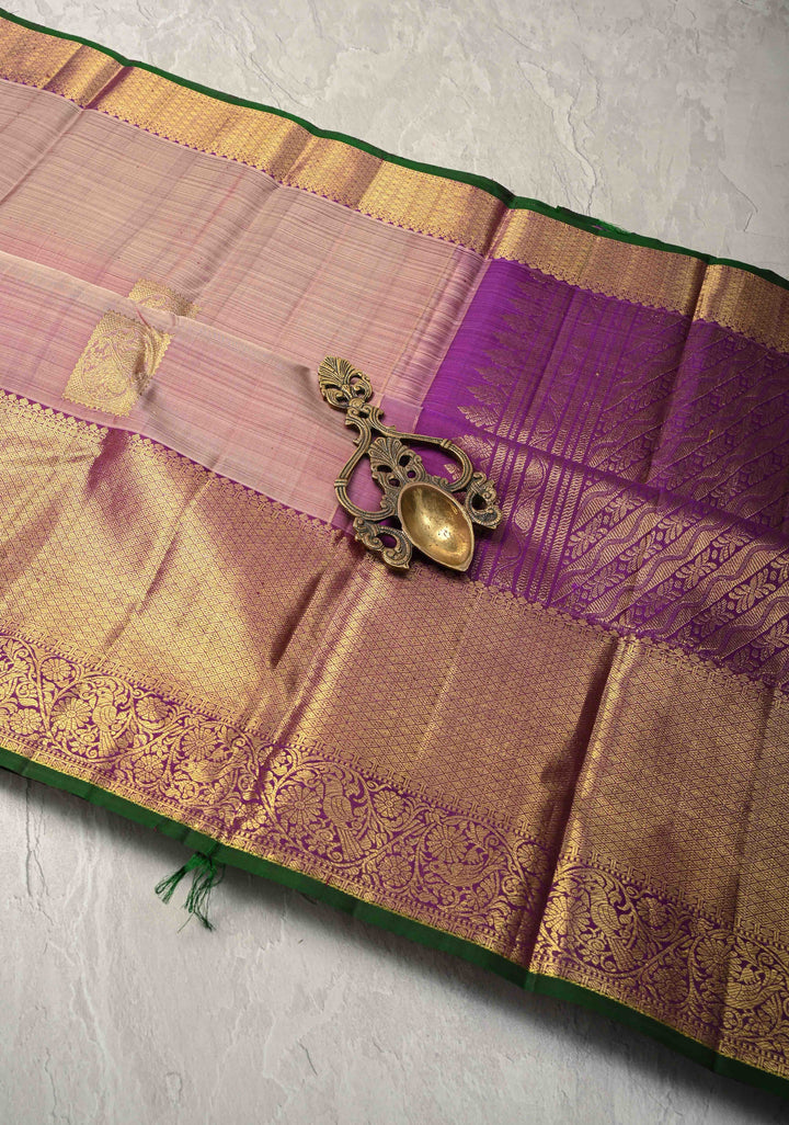 Dusty Mauve Kanjivaram Pure Silk Saree with zari Buttas and Wide Contrast Jari Border | SILK MARK CERTIFIED
