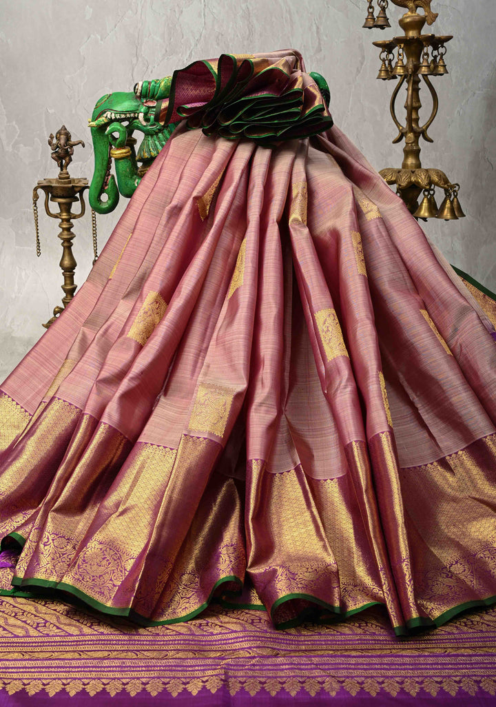 Dusty Mauve Kanjivaram Pure Silk Saree with zari Buttas and Wide Contrast Jari Border | SILK MARK CERTIFIED