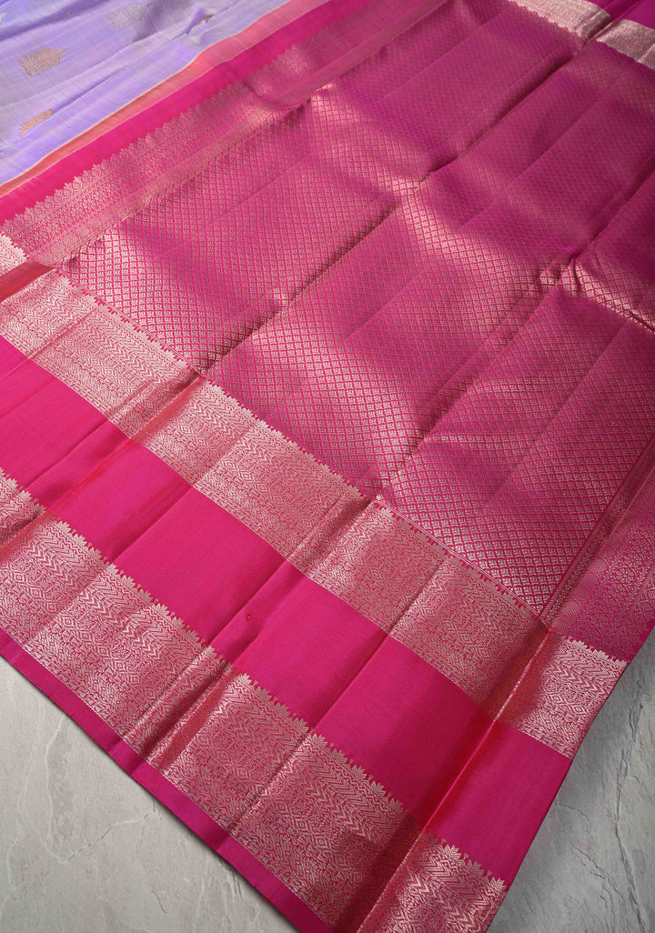 Lilac Kanjivaram Pure Silk Saree with Gold and Silver zari Buttas and Wide Contrast Rettaipet Border | SILK MARK CERTIFIED