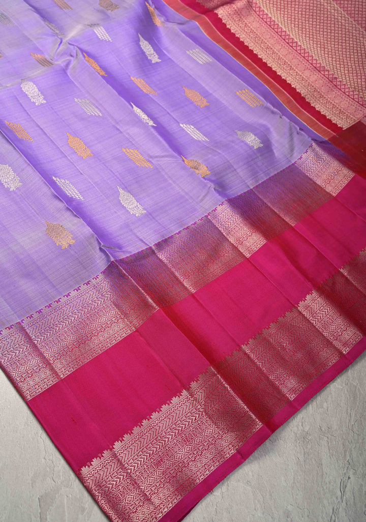 Lilac Kanjivaram Pure Silk Saree with Gold and Silver zari Buttas and Wide Contrast Rettaipet Border | SILK MARK CERTIFIED