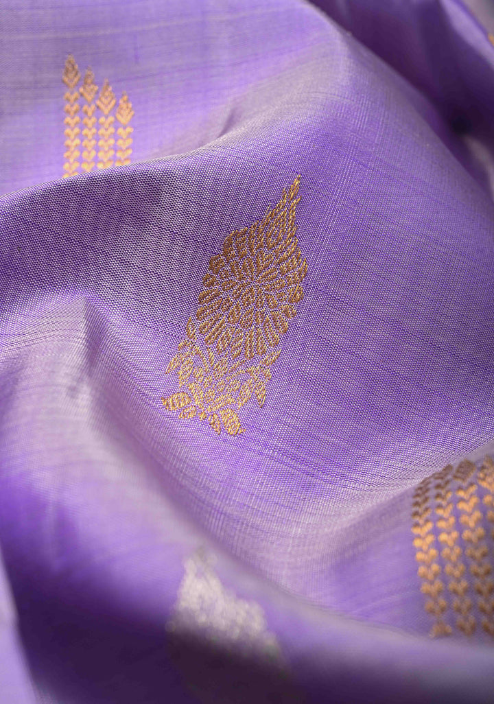 Lilac Kanjivaram Pure Silk Saree with Gold and Silver zari Buttas and Wide Contrast Rettaipet Border | SILK MARK CERTIFIED