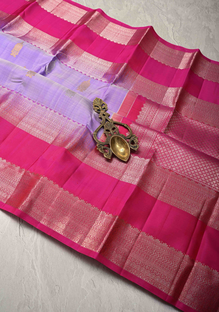Lilac Kanjivaram Pure Silk Saree with Gold and Silver zari Buttas and Wide Contrast Rettaipet Border | SILK MARK CERTIFIED