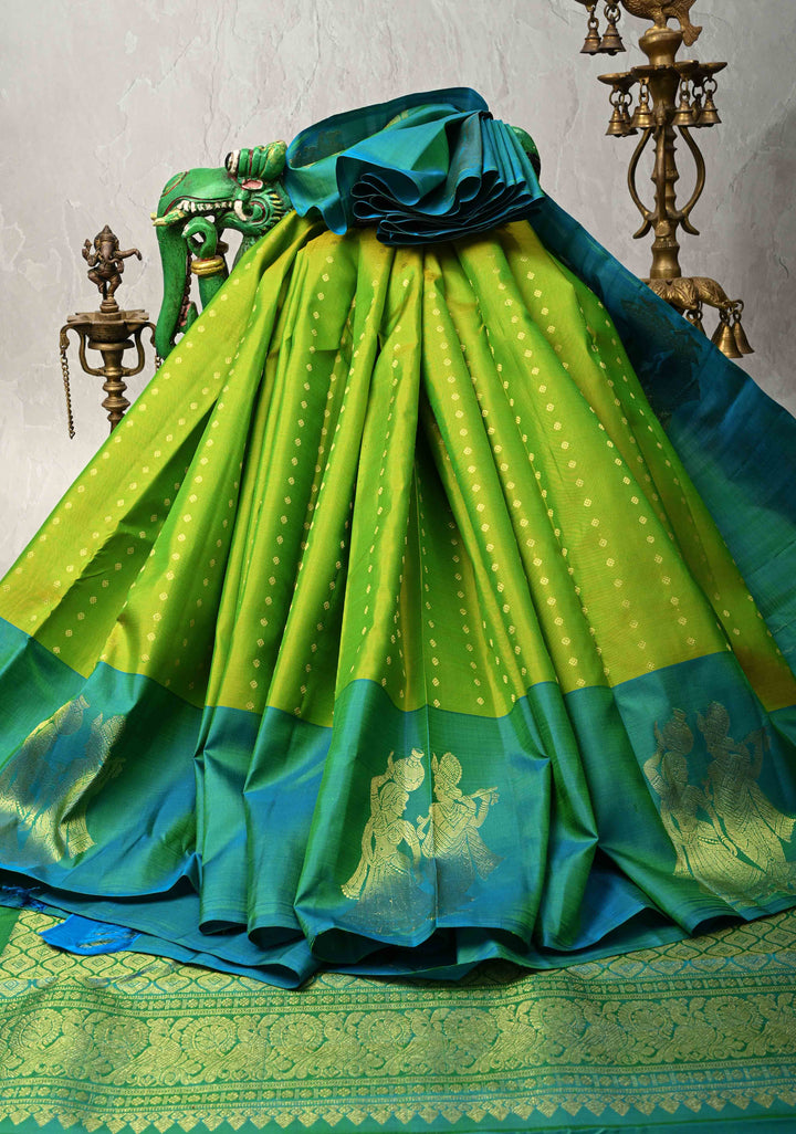 Chartreuse Kanjivaram Pure Silk Saree with zari Butti and Distinct Radha Krishna Motifs on Border | SILK MARK CERTIFIED