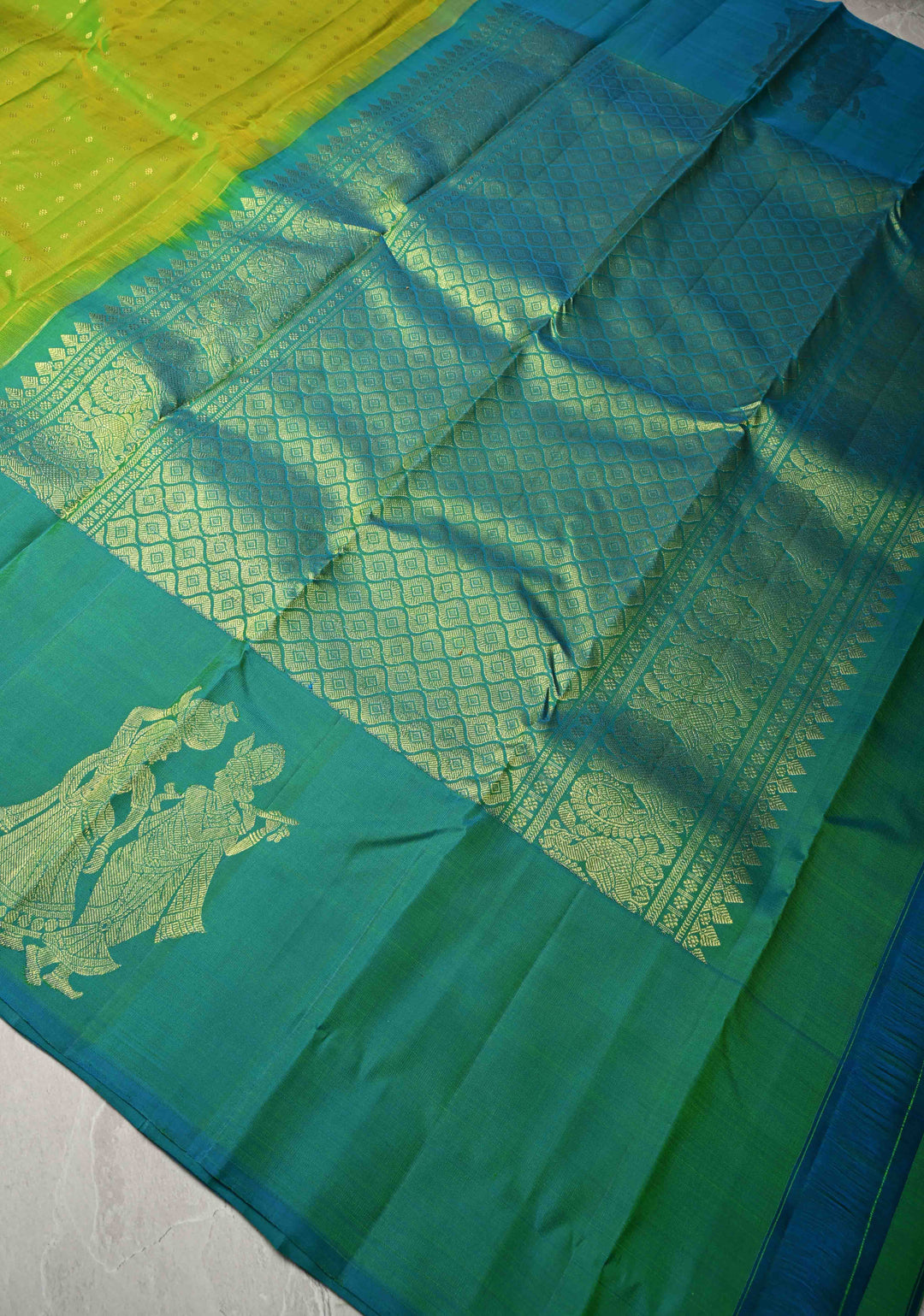 Chartreuse Kanjivaram Pure Silk Saree with zari Butti and Distinct Radha Krishna Motifs on Border | SILK MARK CERTIFIED