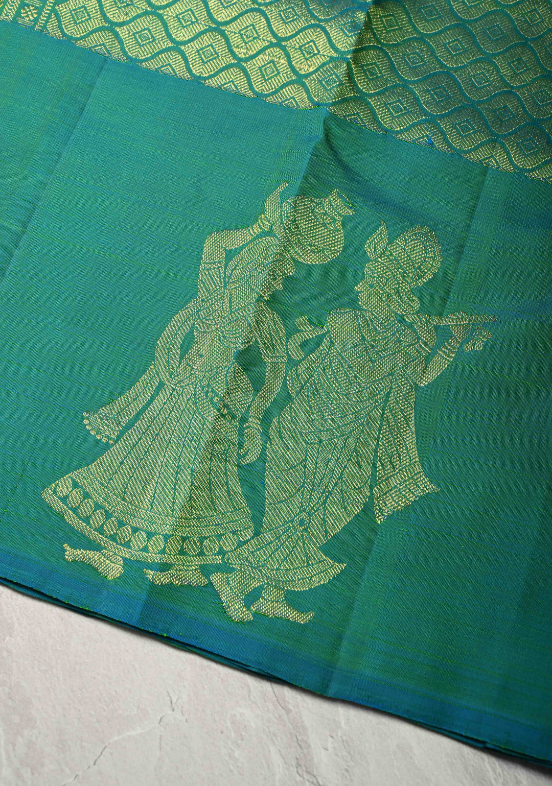Chartreuse Kanjivaram Pure Silk Saree with zari Butti and Distinct Radha Krishna Motifs on Border | SILK MARK CERTIFIED