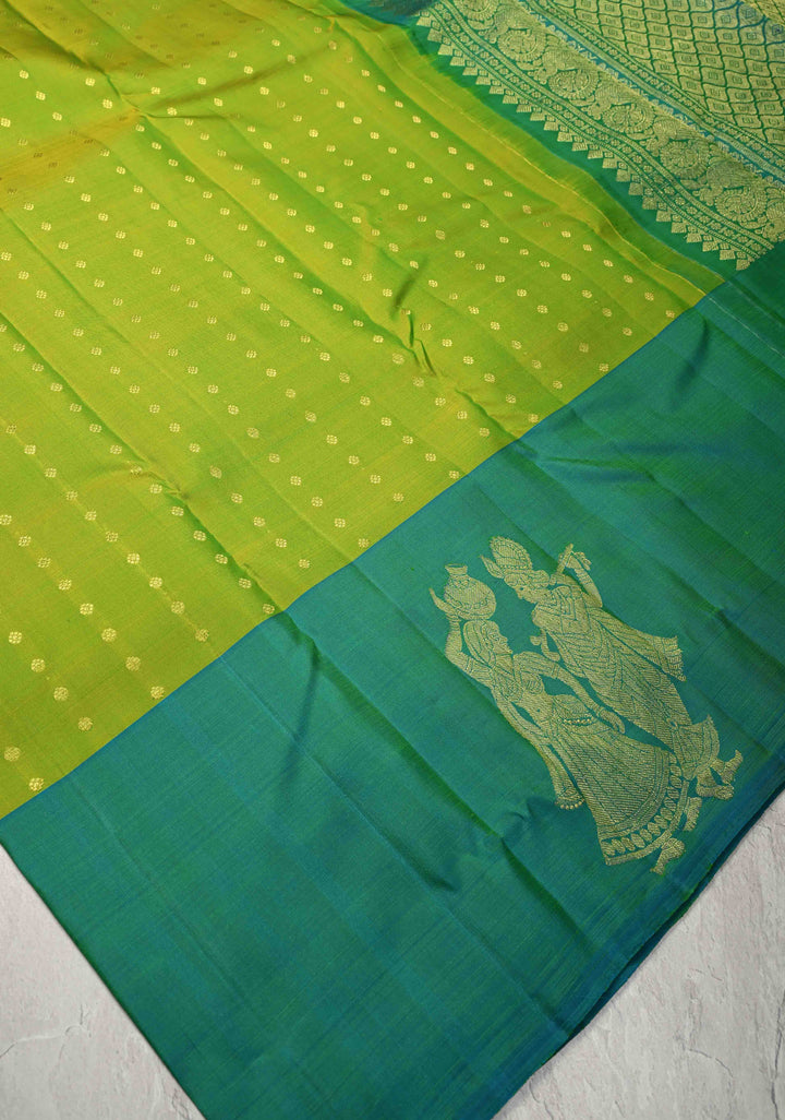 Chartreuse Kanjivaram Pure Silk Saree with zari Butti and Distinct Radha Krishna Motifs on Border | SILK MARK CERTIFIED