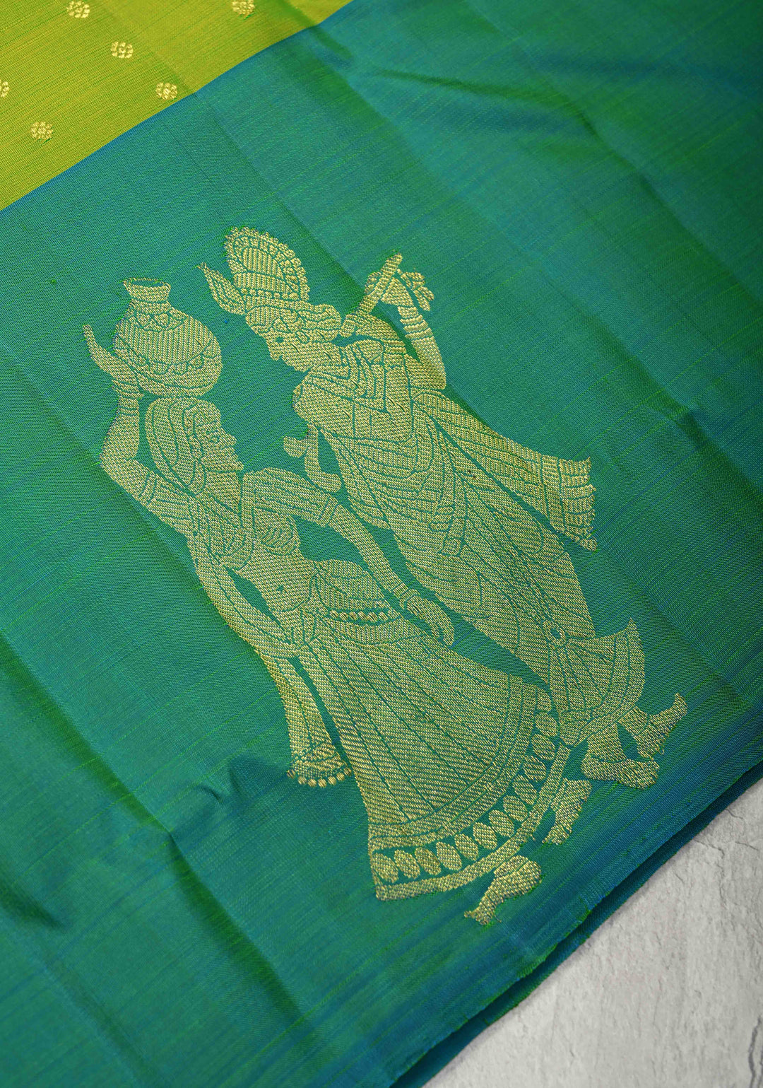 Chartreuse Kanjivaram Pure Silk Saree with zari Butti and Distinct Radha Krishna Motifs on Border | SILK MARK CERTIFIED