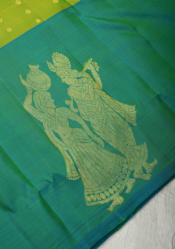 Chartreuse Kanjivaram Pure Silk Saree with zari Butti and Distinct Radha Krishna Motifs on Border | SILK MARK CERTIFIED