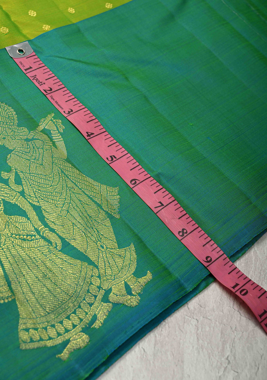 Chartreuse Kanjivaram Pure Silk Saree with zari Butti and Distinct Radha Krishna Motifs on Border | SILK MARK CERTIFIED