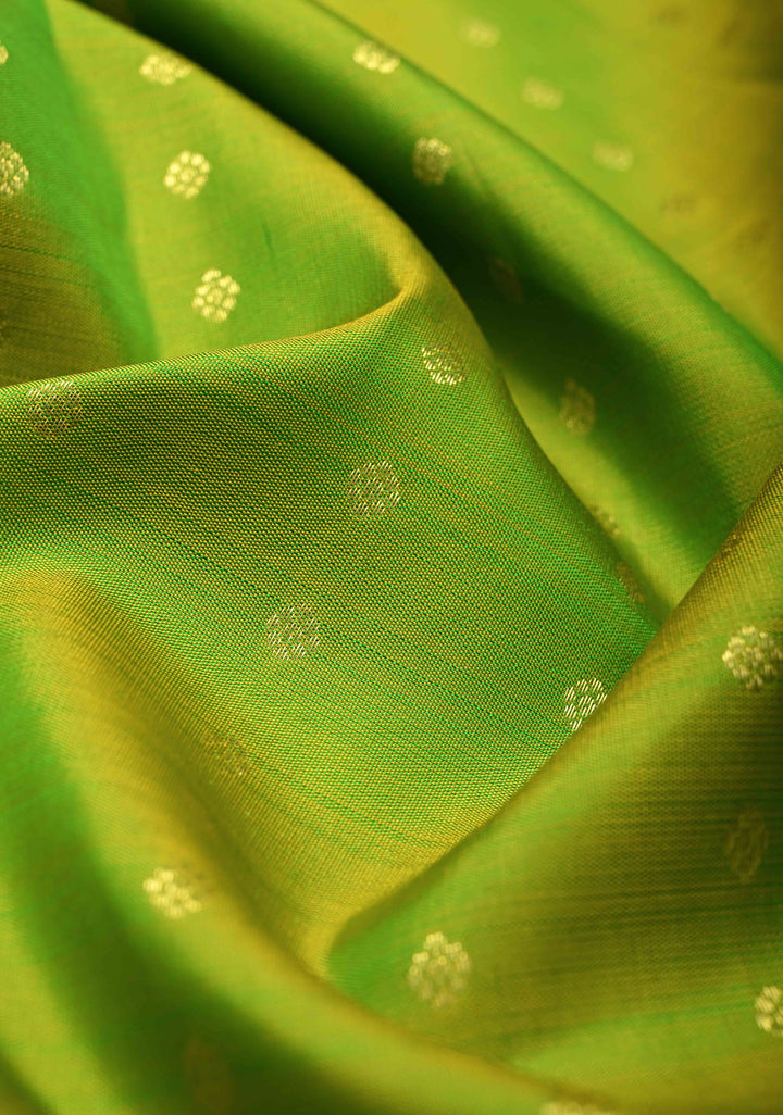 Chartreuse Kanjivaram Pure Silk Saree with zari Butti and Distinct Radha Krishna Motifs on Border | SILK MARK CERTIFIED