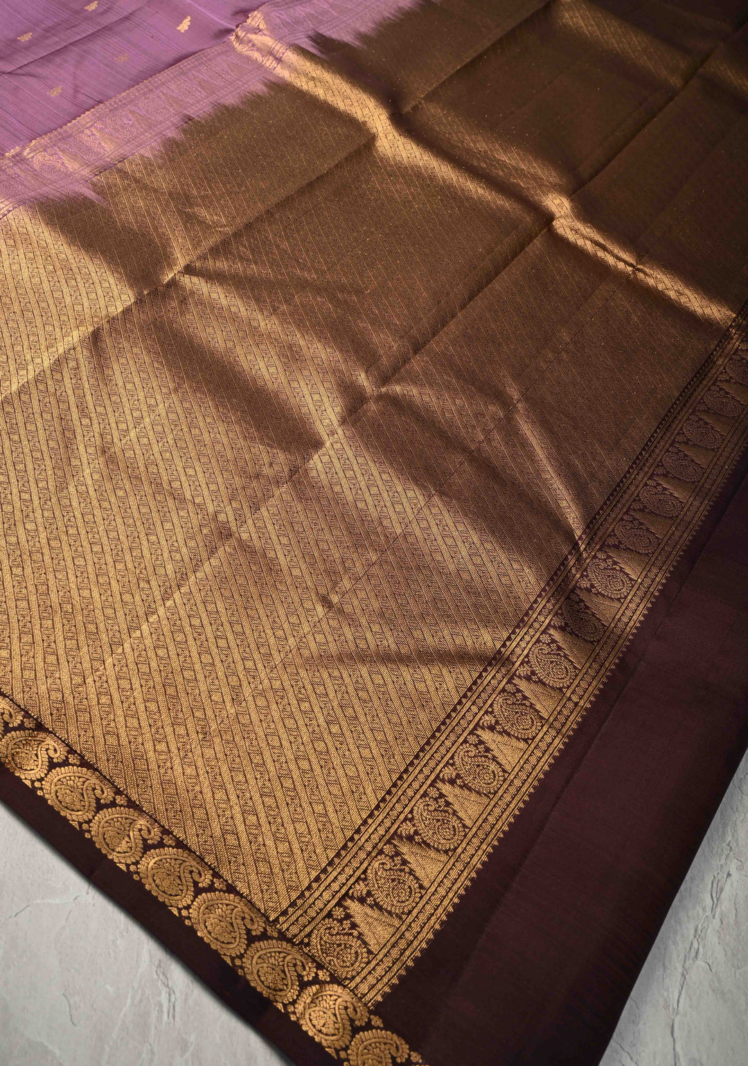 Dark Mauve Pure Kanjivaram Silk Saree with Zari Buttas and Minimal Zari Border | SILK MARK CERTIFIED