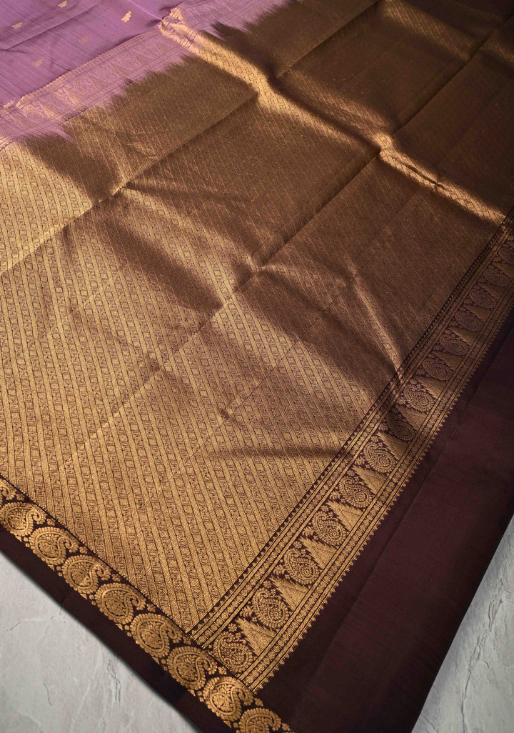 Dark Mauve Pure Kanjivaram Silk Saree with Zari Buttas and Minimal Zari Border | SILK MARK CERTIFIED