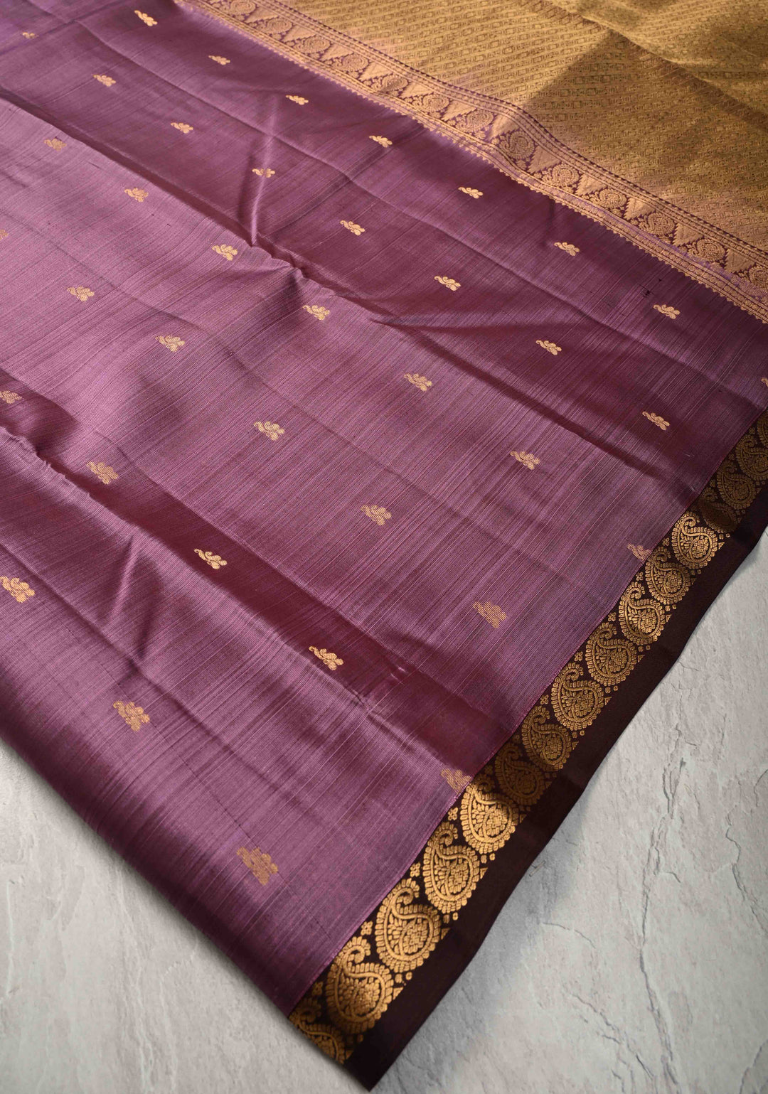 Dark Mauve Pure Kanjivaram Silk Saree with Zari Buttas and Minimal Zari Border | SILK MARK CERTIFIED
