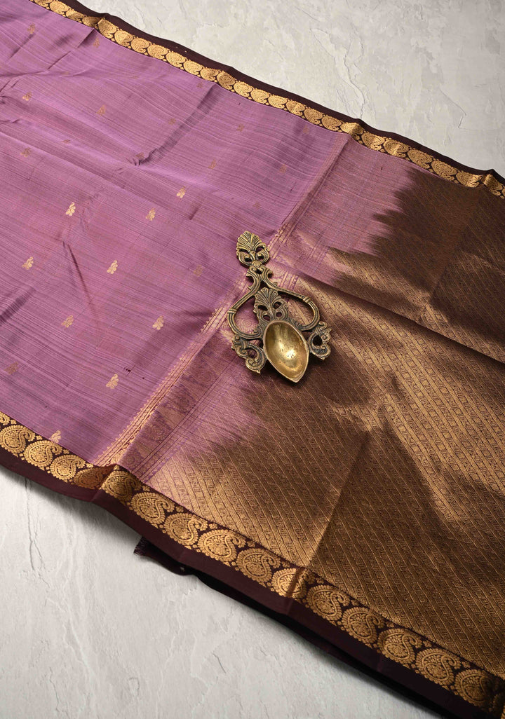 Dark Mauve Pure Kanjivaram Silk Saree with Zari Buttas and Minimal Zari Border | SILK MARK CERTIFIED