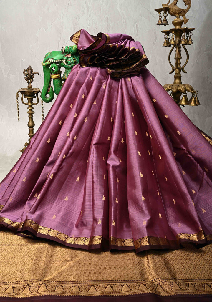 Dark Mauve Pure Kanjivaram Silk Saree with Zari Buttas and Minimal Zari Border | SILK MARK CERTIFIED