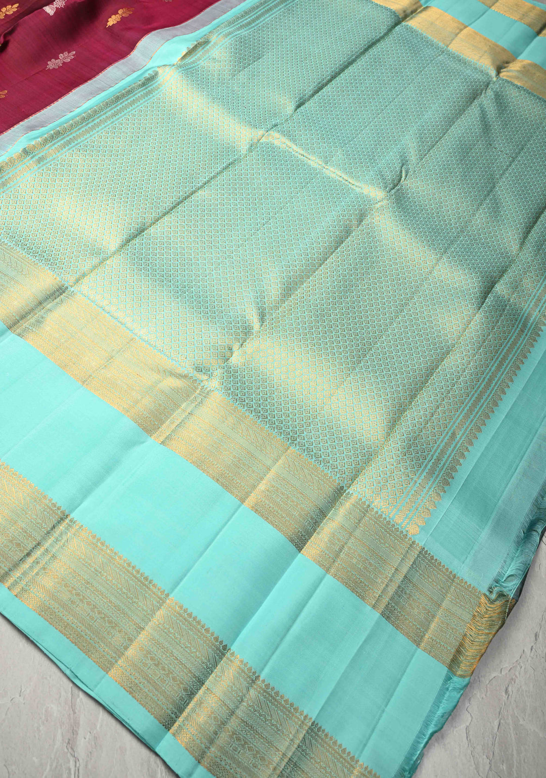 Maroon Kanjivaram Pure Silk Saree with Gold and Silver Buttas and Contrast Wide Rettaipet zari Border | SILK MARK CERTIFIED