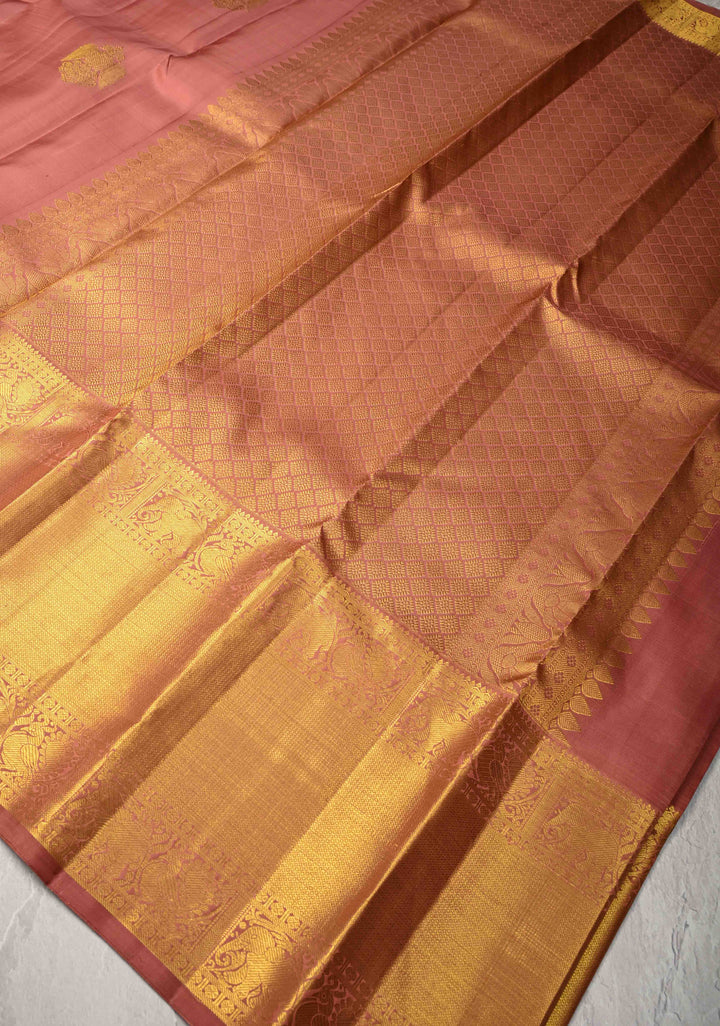 Copper Dusty Pure Kanjivaram Silk Saree with Ganda `Berunda Buttas and Contrast Wide Zari Border | SILK MARK CERTIFIED