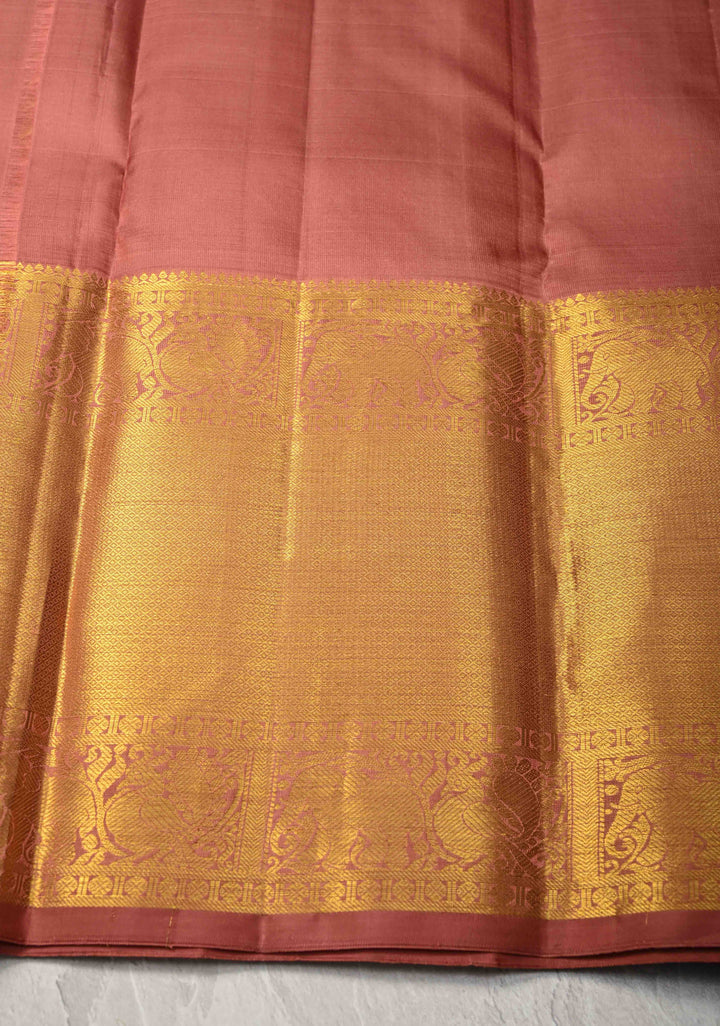 Copper Dusty Pure Kanjivaram Silk Saree with Ganda `Berunda Buttas and Contrast Wide Zari Border | SILK MARK CERTIFIED