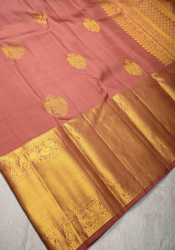Copper Dusty Pure Kanjivaram Silk Saree with Ganda `Berunda Buttas and Contrast Wide Zari Border | SILK MARK CERTIFIED