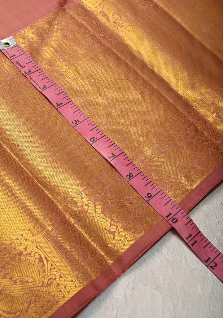 Copper Dusty Pure Kanjivaram Silk Saree with Ganda `Berunda Buttas and Contrast Wide Zari Border | SILK MARK CERTIFIED