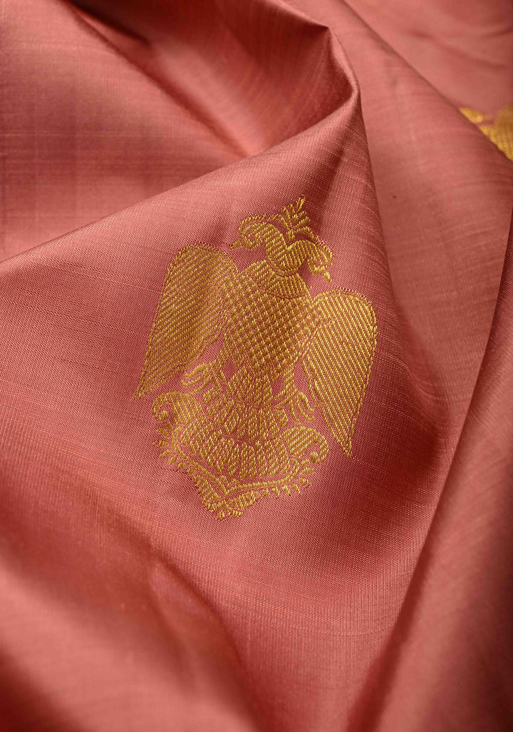 Copper Dusty Pure Kanjivaram Silk Saree with Ganda `Berunda Buttas and Contrast Wide Zari Border | SILK MARK CERTIFIED
