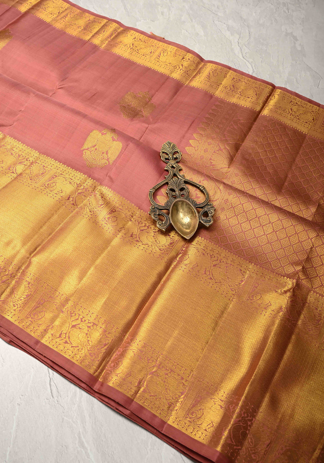 Copper Dusty Pure Kanjivaram Silk Saree with Ganda `Berunda Buttas and Contrast Wide Zari Border | SILK MARK CERTIFIED