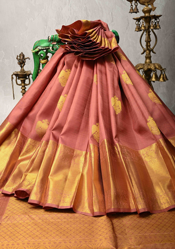 Copper Dusty Pure Kanjivaram Silk Saree with Ganda `Berunda Buttas and Contrast Wide Zari Border | SILK MARK CERTIFIED