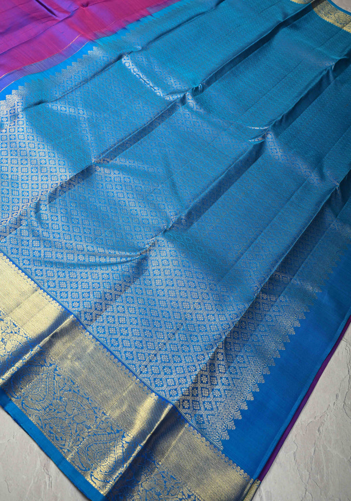 Purple Dual tone Pure Kanjivaram Silk Saree with Squre Buttas and Zari Border | SILK MARK CERTIFIED