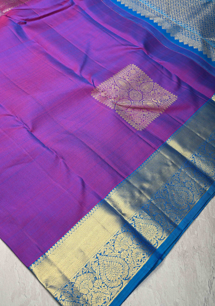 Purple Dual tone Pure Kanjivaram Silk Saree with Squre Buttas and Zari Border | SILK MARK CERTIFIED