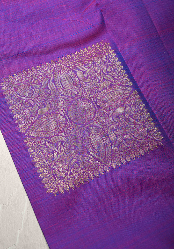 Purple Dual tone Pure Kanjivaram Silk Saree with Squre Buttas and Zari Border | SILK MARK CERTIFIED