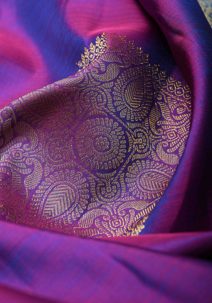 Purple Dual tone Pure Kanjivaram Silk Saree with Squre Buttas and Zari Border | SILK MARK CERTIFIED