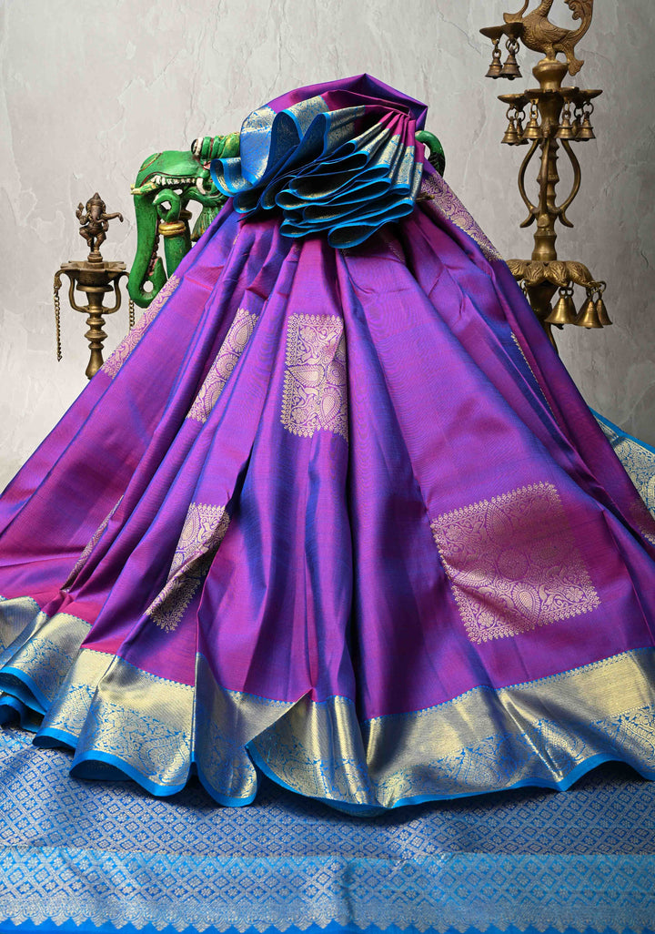 Purple Dual tone Pure Kanjivaram Silk Saree with Squre Buttas and Zari Border | SILK MARK CERTIFIED