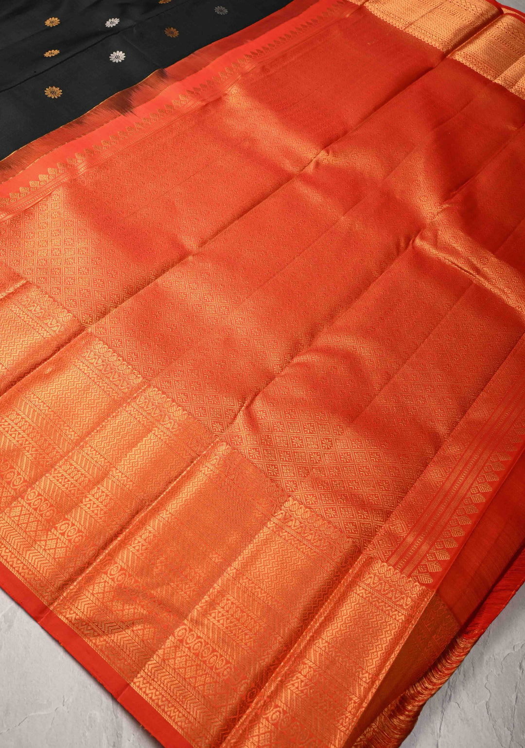 Black Pure Kanjivaram Silk Saree with Gold-Silver Buttas and Contrast Wide Zari Border | SILK MARK CERTIFIED