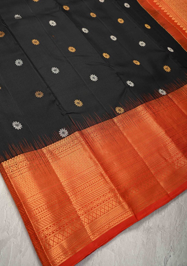 Black Pure Kanjivaram Silk Saree with Gold-Silver Buttas and Contrast Wide Zari Border | SILK MARK CERTIFIED