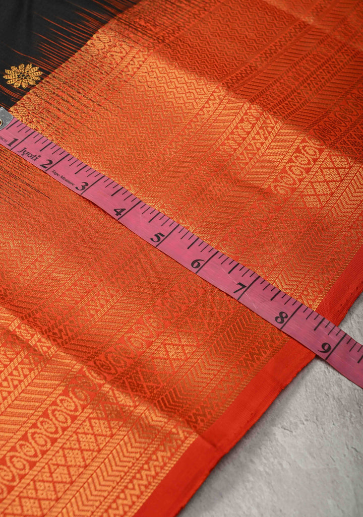 Black Pure Kanjivaram Silk Saree with Gold-Silver Buttas and Contrast Wide Zari Border | SILK MARK CERTIFIED