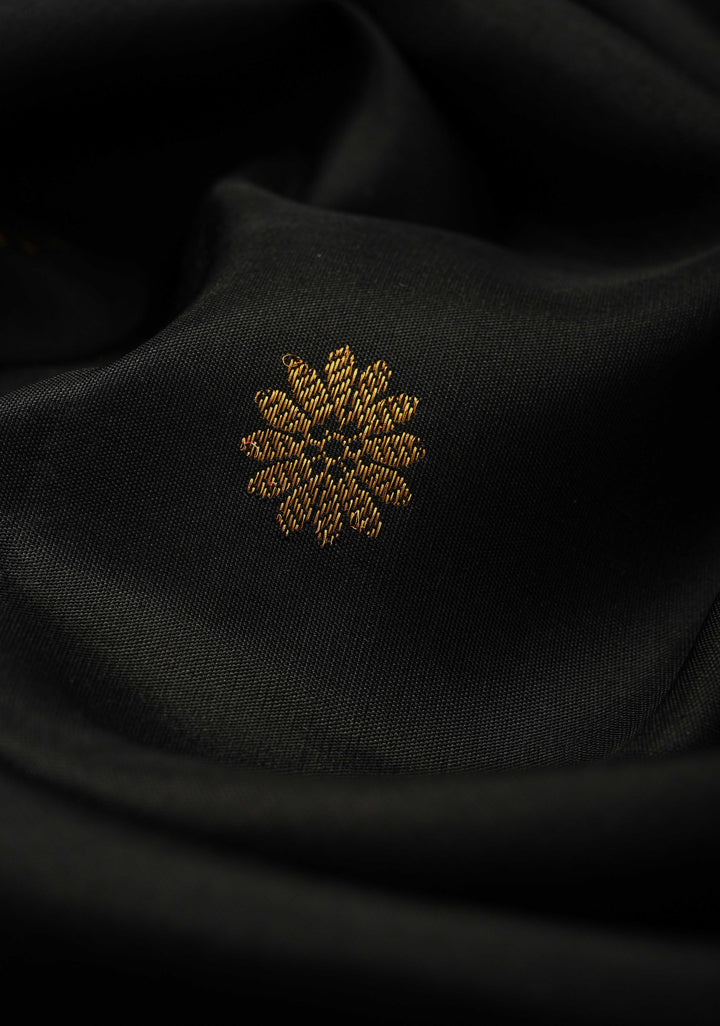 Black Pure Kanjivaram Silk Saree with Gold-Silver Buttas and Contrast Wide Zari Border | SILK MARK CERTIFIED