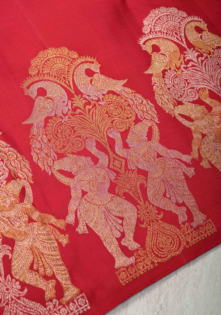 Rani Pink Pure Kanjivaram Silk Saree with Twin Peacock and Apsara Gold-Silver Zari Border | SILK MARK CERTIFIED